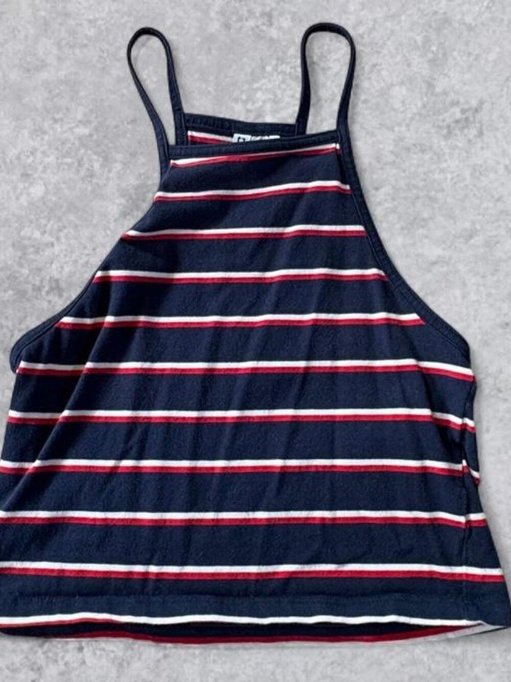 H&M navy, red/white striped high-neck crop top in a US S